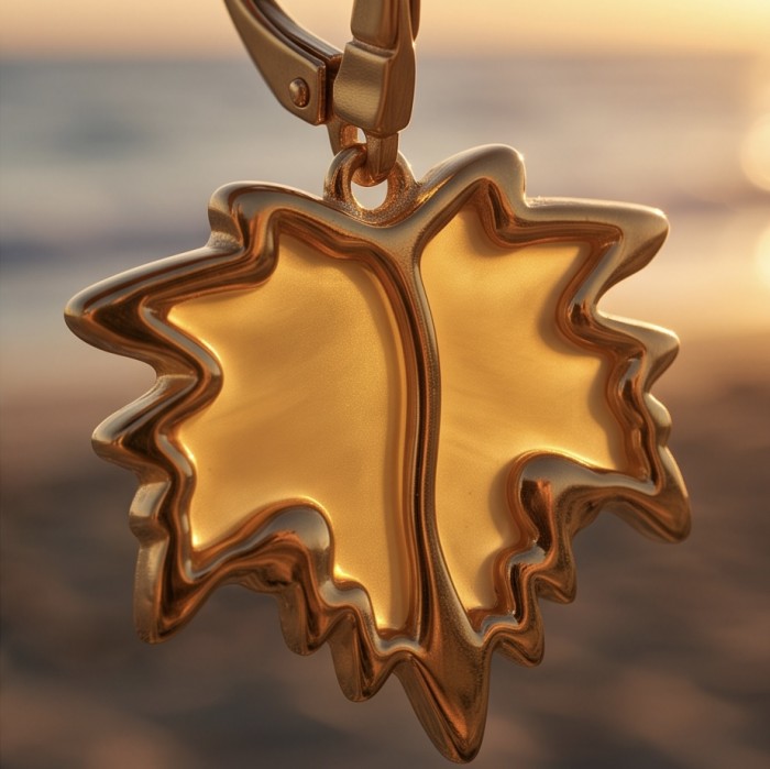 Golden Leaves Genuine carved Butterscotch Baltic Amber 18K Gold over .925 Sterling Silver handcrafted Earrings - Golden leaf-shaped Baltic amber pendant, front view, beach backdrop.
