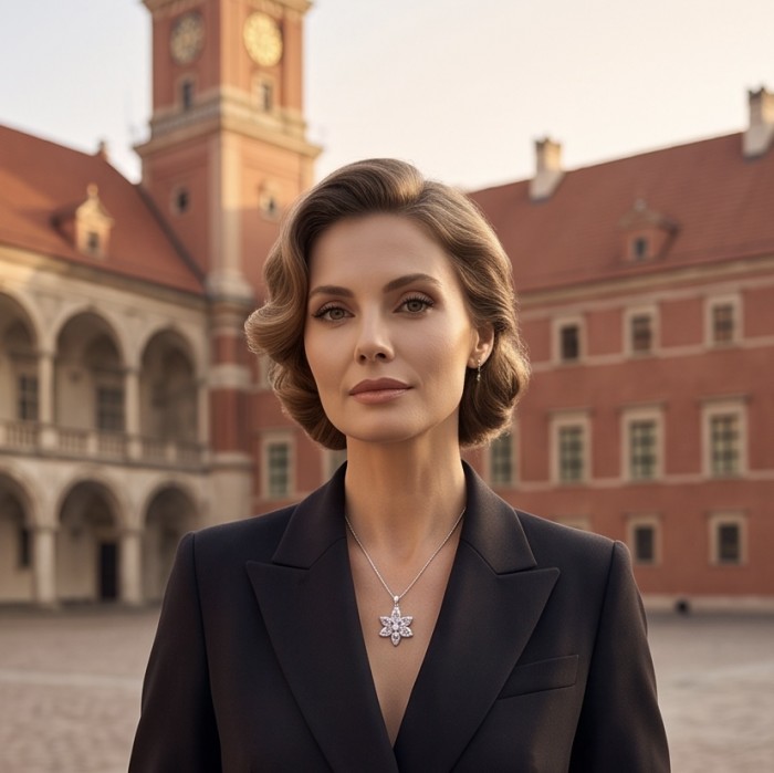 Authentic 4.5 carat Brazilian Amethyst rhodium over .925 Sterling Silver handcrafted Statement Pendant - Woman wearing star-shaped amethyst necklace in front of historic building.
