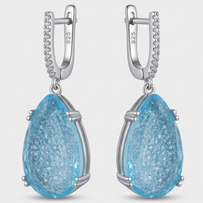Angelina 20.9 carat authentic Aquamarine .925 Sterling Silver Handcrafted Earrings - Aquamarine earrings front view, .925 Sterling Silver setting.