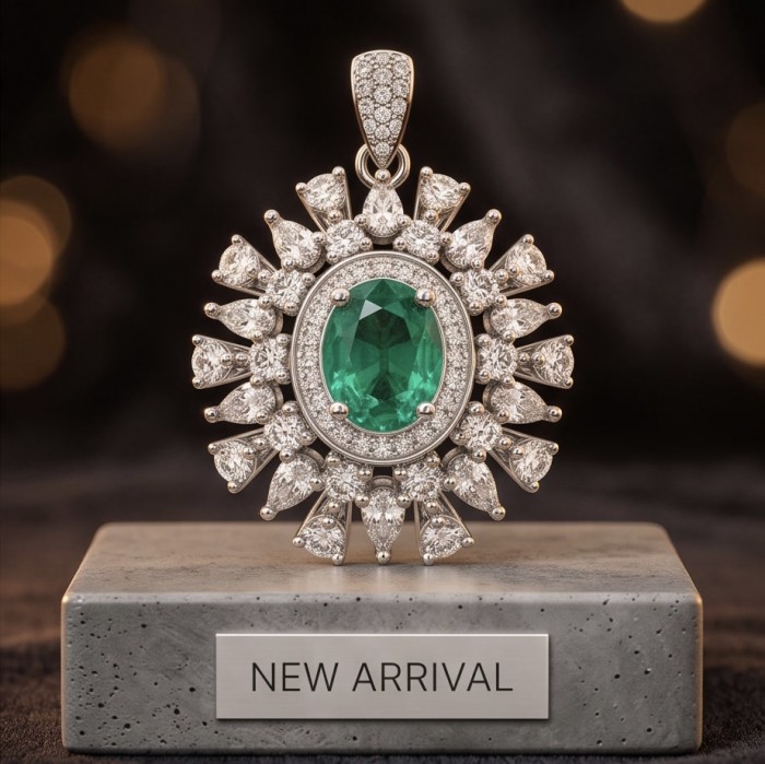 Amazonia - authentic 6.5 carat Colombian Emerald rhodium over .925 Sterling Silver handcrafted Pendant - Emerald pendant front view with diamond accents, new arrival display.
