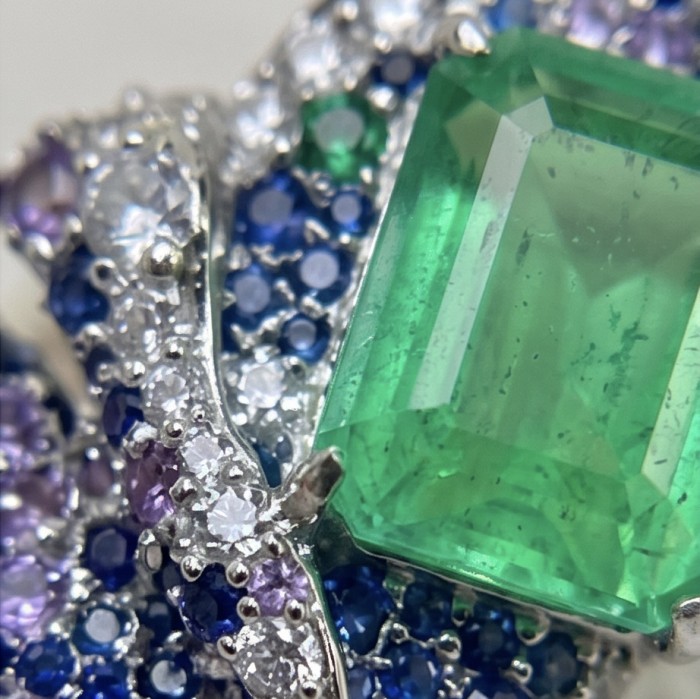 Valentina 12.2 carat Colombian Emerald .925 Sterling Silver dipped in rhodium Statement handcrafted earrings - Close-up of Colombian emerald and gemstones in sterling silver setting.