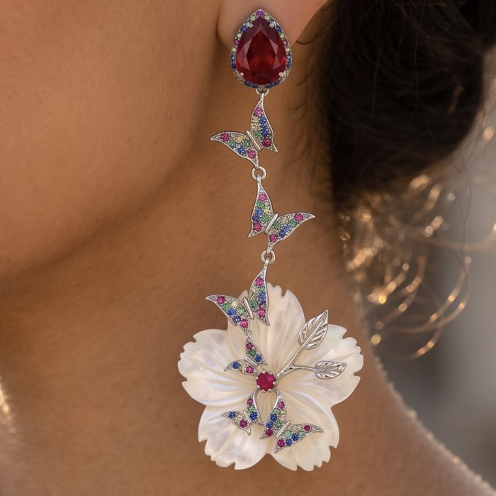 Summer Flowers Blister Pearl Red Topaz 18K Rose Gold over .925 Sterling Silver handcrafted Earrings - Earring worn, featuring flower and butterfly design with red topaz.
