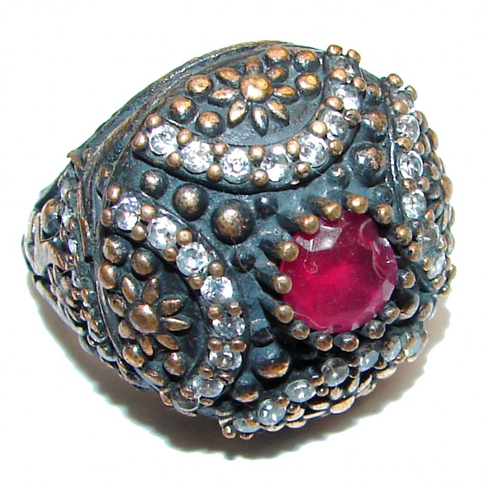 Large Victorian Style created Ruby & White Topaz Sterling Silver ring; s. 6 1/2 - photo 1