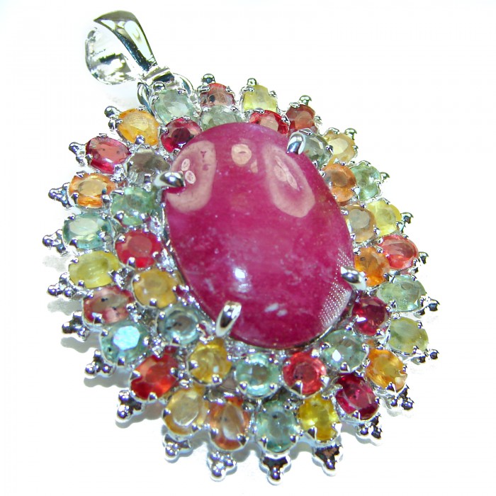 Precious Genuine 27.5 carat Ruby multicolor Sapphire .925 Sterling Silver handmade Pendant - Brooch - photo 2