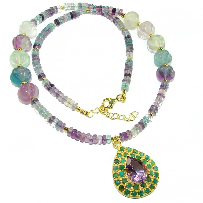 33.2 grams Rare Unusual Natural Fluorite 14K Gold over .925 Silver handcrafted NECKLACE - Colorful fluorite necklace with gold pendant, front view.