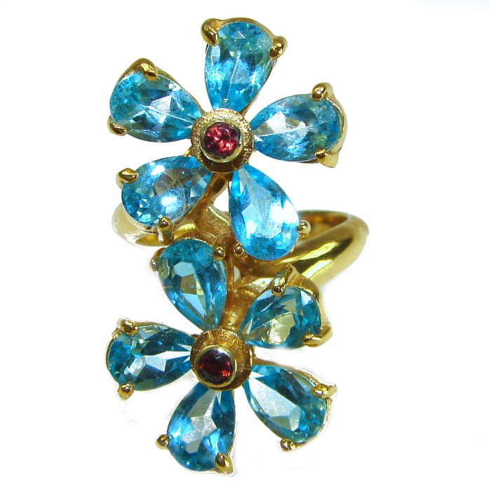 Blue Garden 27.8 carat Swiss Blue Topaz 14K Gold over .925 Sterling Silver handcrafted Large ring size 8 - Blue garden topaz flower ring, front view, 14K gold over silver.