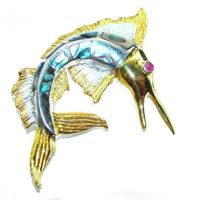 Precious Fish Natural Rainbow Abalone Ruby 14K Gold over .925 Sterling Silver handmade Pendant Brooch - Side view of fish brooch with abalone and ruby, 14K gold detailing.