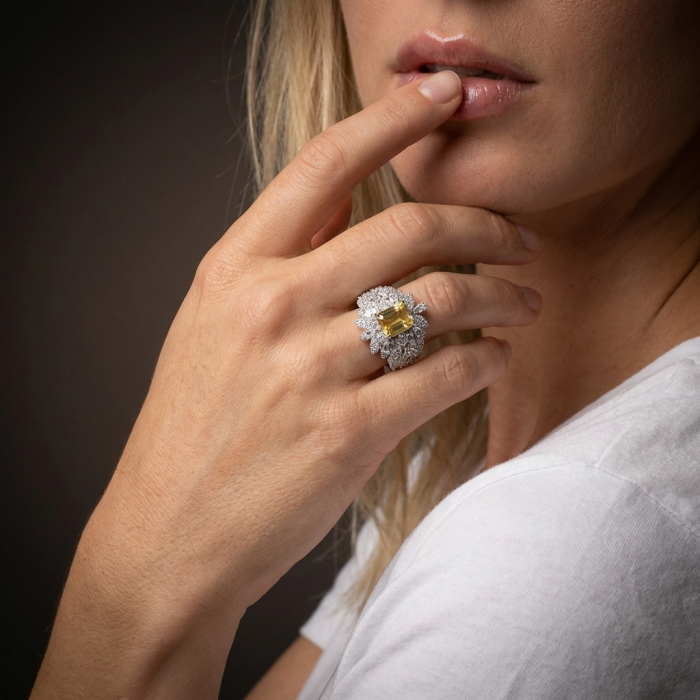 Vintage Beauty Authentic 4.5 carat Brazilian Citrine .925 Sterling Silver handcrafted Ring size 6 - Citrine ring worn on hand, showcasing its elegant design and sparkle.