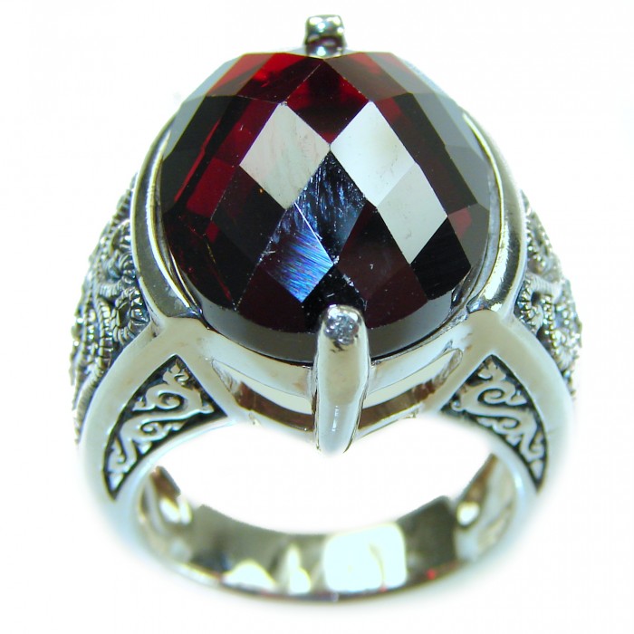 Carmen Natural 27.4 carat Ruby Marcasite .925 Sterling Silver handmade Large Statement Ring size 8 - Close-up of Carmen Natural Ruby Marcasite Sterling Silver Ring