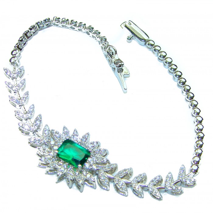 Giovanna - Authentic 15.9 carat Emerlad .925 Sterling Silver handcrafted Statement bracelet - Emerald bracelet clasp detail with leaf design and silver accents