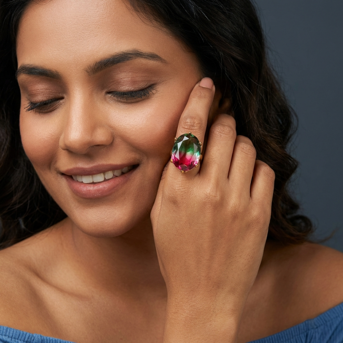 Rio De Janeiro 19.8 carat Brazilian Tourmaline .925 Sterling Silver Perfectly dipped in 18K Gold handcrafted Ring s. 9 1/4 - Woman wearing Rio De Janeiro 19.8 carat Brazilian Tourmaline ring.