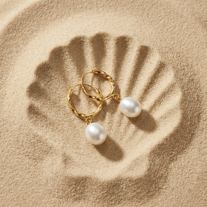 Genuine Pearl 14K Gold over .925 Sterling Silver handcrafted Statement Earrings - Pearl earrings on sand with shell impression, overhead view.