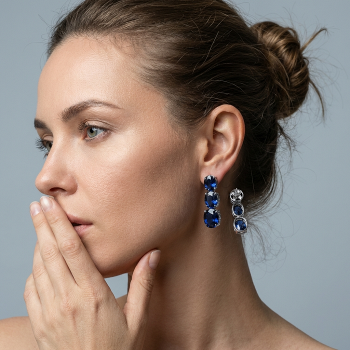 Oceania - Deep Ocean 22.5 carat London Blue Topaz .925 Sterling Silver handmade Statement earrings - Side view of woman wearing Oceania London Blue Topaz earrings