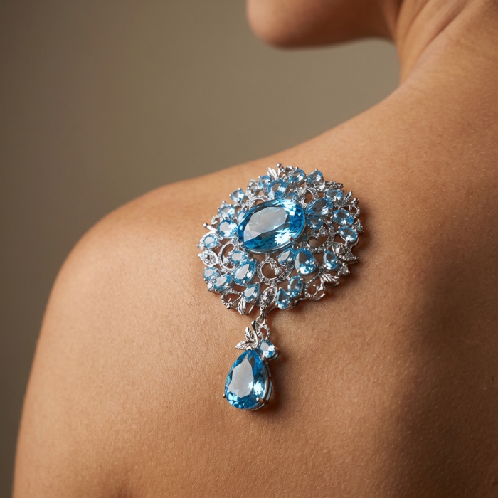 An exuberantly Large 75.5 grams Vintage style Swiss Blue Topaz .925 Sterling Silver DIPPED IN RHODIUM handmade LARGE Pendant - Brooch - Close-up of vintage blue topaz jewelry worn on shoulder.