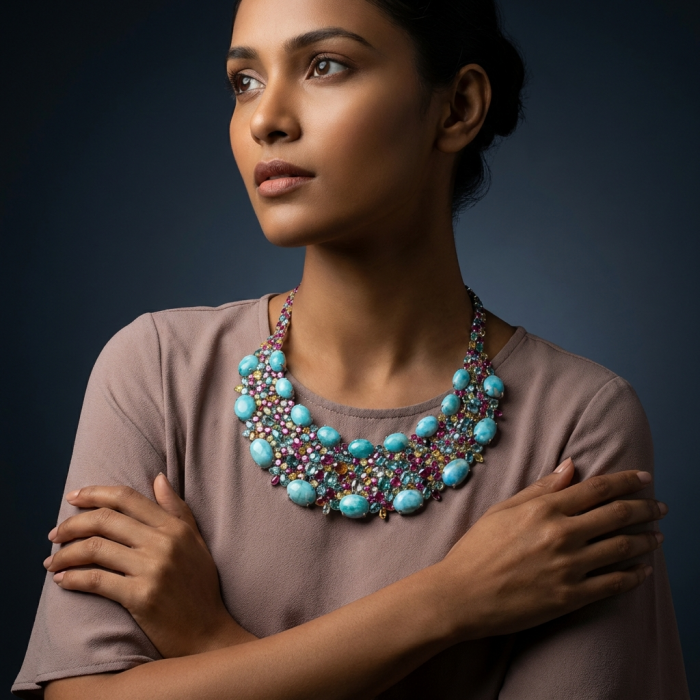 Luna 255.3 carat authentic Larimar From Dominican Republic .925 Sterling Silver handcrafted MASSIVE STATEMENT Necklace - Model wearing Luna 255.3 carat Larimar necklace, front view.