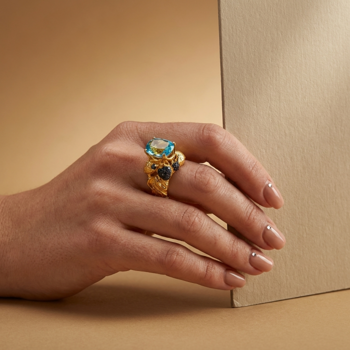 Poseidon 24.8 carat Swiss Blue Topaz 0.7 carat Black Diamond .925 Sterling Silver dipped in 22K Gold handcrafted Large ring size 7 - Hand modeling Poseidon ring with blue topaz and black diamonds.