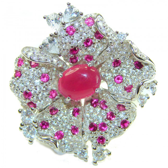 Real Beauty Natural 7.1 carat Ruby .925 Sterling Silver handmade Statement Ring size 8 - Close-up of 7.1 carat ruby ring with pink and clear stones in silver setting.