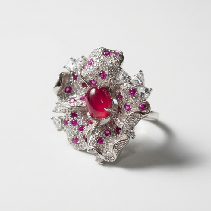 Real Beauty Natural 7.1 carat Ruby .925 Sterling Silver handmade Statement Ring size 8 - Intricate silver ring with ruby, top view detail.