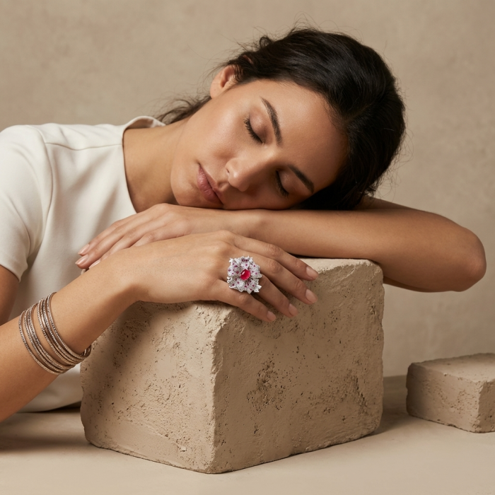 Real Beauty Natural 7.1 carat Ruby .925 Sterling Silver handmade Statement Ring size 8 - Model with ruby ring resting on hand, showcasing side view.