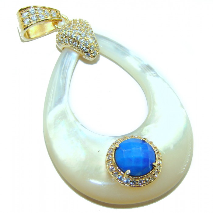 Genuine Blister Pearl lab grown Diamond 18K Gold over .925 Sterling Silver Statement pendant - Front view of pearl and blue stone pendant with gold and diamonds
