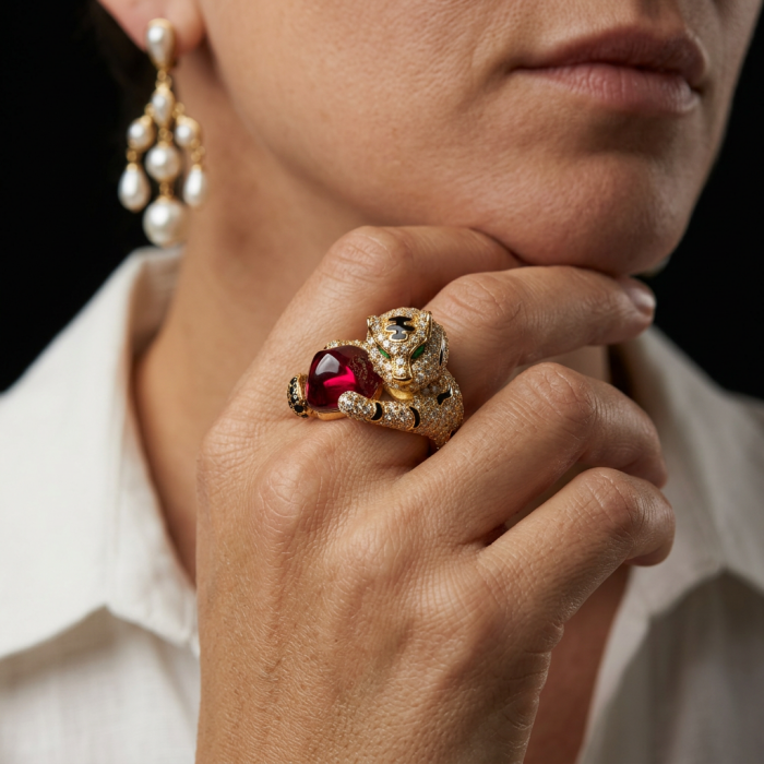 GEPHARD Genuine 10.5 CARAT Ruby black enamel .925 Sterling Silver dipped in 22K Gold Large Statement Ring size 6 1/4 - Panther ring with ruby, worn on hand, pearl earring visible.