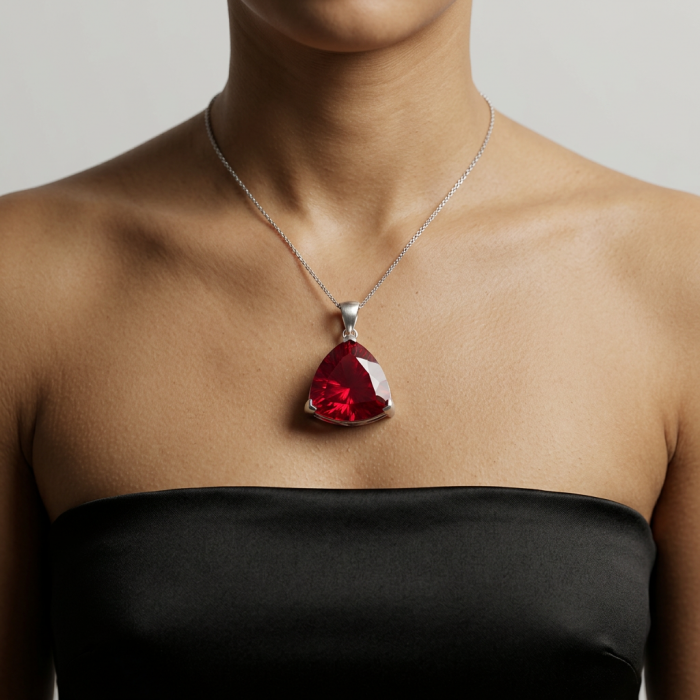 Very Rare! Trillion Cut Perfect 44.5 carat Volcanic Helenite .925 Sterling Silver handcrafted Pendant - Necklace with trillion-cut red stone worn on model against dark fabric.