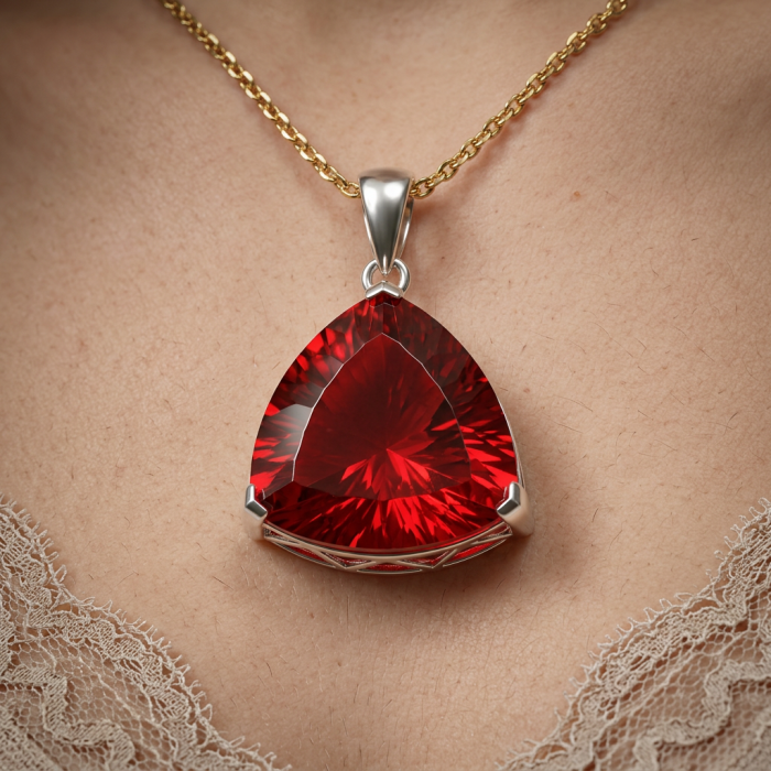 Very Rare! Trillion Cut Perfect 44.5 carat Volcanic Helenite .925 Sterling Silver handcrafted Pendant - Trillion cut red gemstone pendant worn on a gold chain.