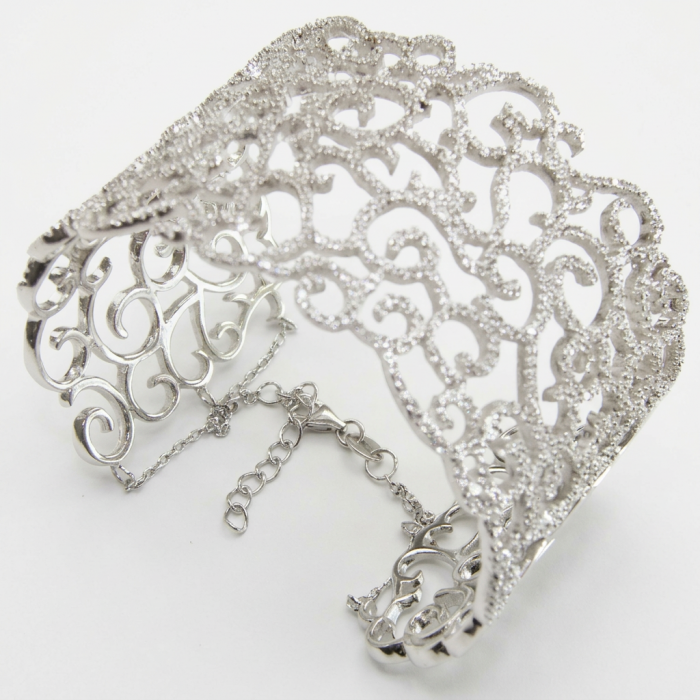 Spectacular! A Million Stars 43.8 carat White Sapphire .925 Sterling Silver Bracelet / Cuff - White sapphire bracelet side view with intricate detailing