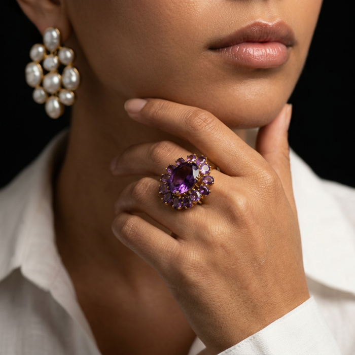 Purple Odyssey 59.5 carat natural Purple Amethyst 18K Gold over .925 Sterling Silver Handcrafted Ring size 7 - Amethyst ring on hand, paired with pearl earrings, side view.