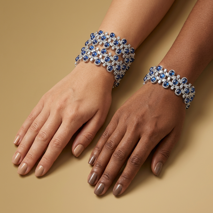 Real Gift of Nature 55.5 carat Authentic African Kyanite .928 Sterling Silver handcrafted Bracelet - Kyanite bracelets worn on hands, top view showing detail.