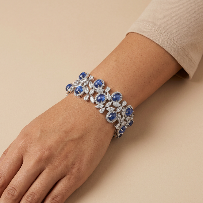 Real Gift of Nature 55.5 carat Authentic African Kyanite .928 Sterling Silver handcrafted Bracelet - Kyanite bracelet worn on wrist, showcasing stones and intricate design.