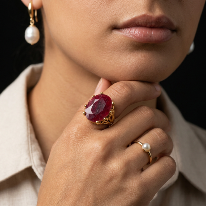 Enchanted Beauty 25.9 carat natural Kashmir Ruby 18K Gold over .925 Sterling Silver Huge handcrafted Ring s. 9 - Close-up of Enchanted Beauty Kashmir Ruby and pearl rings worn on hand