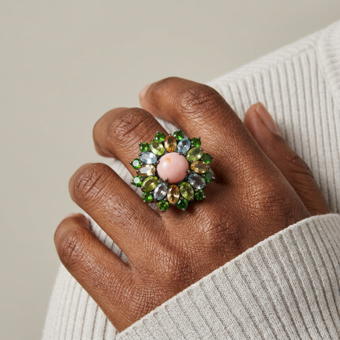 Stella 22.5 carat Pink Opal black rhodium over .925 Sterling Silver handcrafted Ring size 7 3/4 - Stella 22.5ct Pink Opal ring worn on hand, colorful gem cluster design.