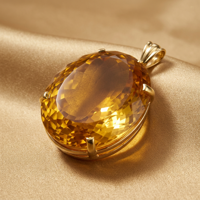 Luxury genuine 47.7CARAT oval cut Champagne Topaz .925 Sterling Silver dipped in 22K Gold handmade Pendant - Close-up of 47.7 carat oval cut Champagne Topaz pendant on gold fabric