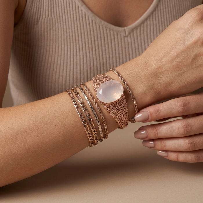 Vintage Beauty Genuine 42.2 carat Brazilian Rose Quartz Rose quartz 22K Rose Gold over .925 Sterling Silver handcrafted Bracelet / Cuff - Rose Quartz bracelet worn on wrist with multiple bangles.