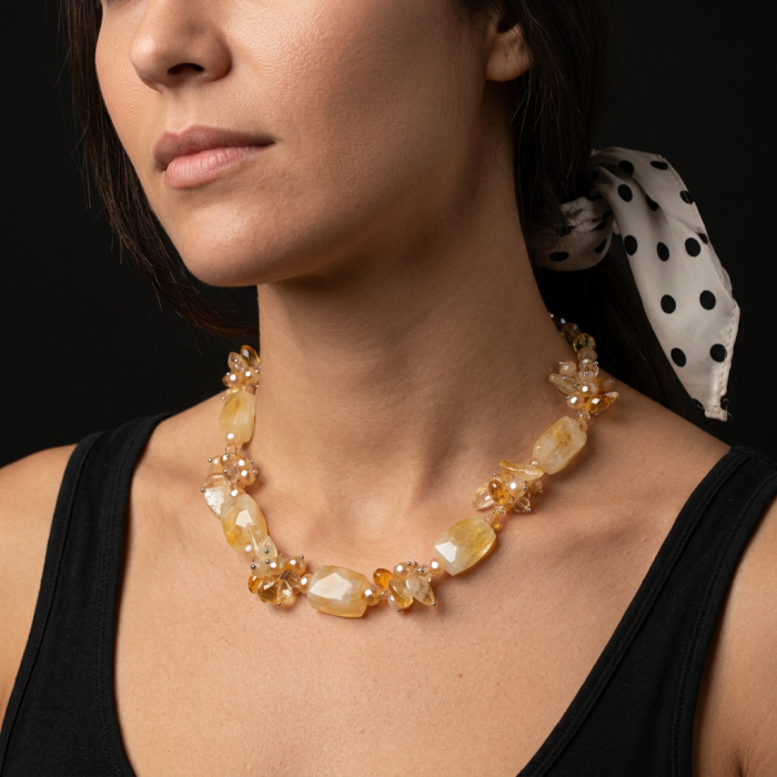 Dazzling vintage natural rough Citrine 14K Gold over .925 Sterling Silver handcrafted Large necklace - Side view of rough Citrine necklace worn around neck