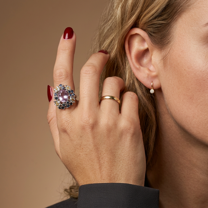 Elizabeth - Precious Natural 14.5 carat Amethyst from Uruguay Rhodium over .925 Sterling Silver Handcrafted Ring size 7 3/4 - Amethyst ring worn on hand, side view showing stone details.