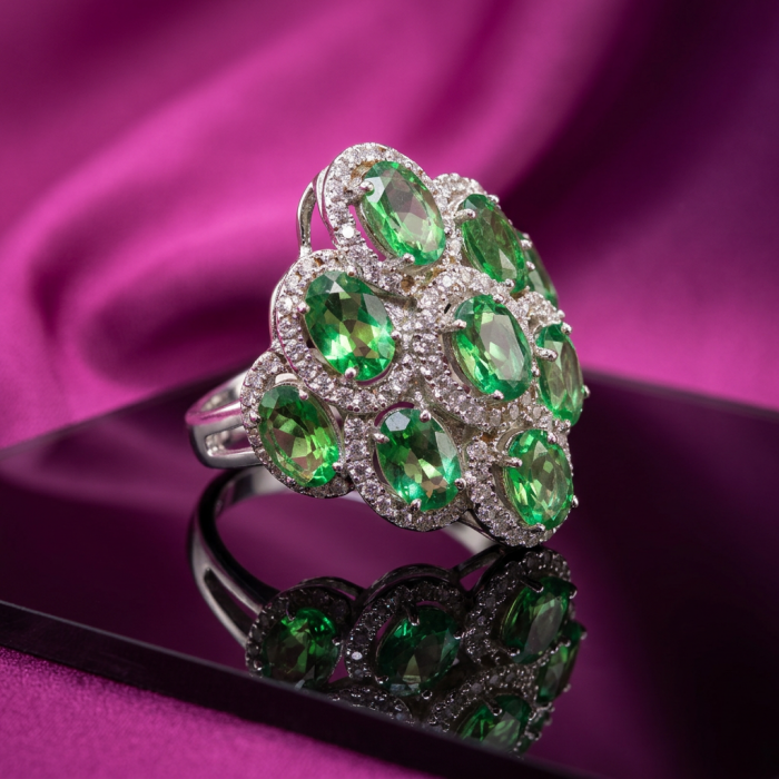 Exotic Beauty oval cut 17.5 carat Volcanic Helenite .925 Sterling Silver handmade Ring s. 7 1/4 - Top view of Exotic Beauty ring with green Helenite stones on mirror