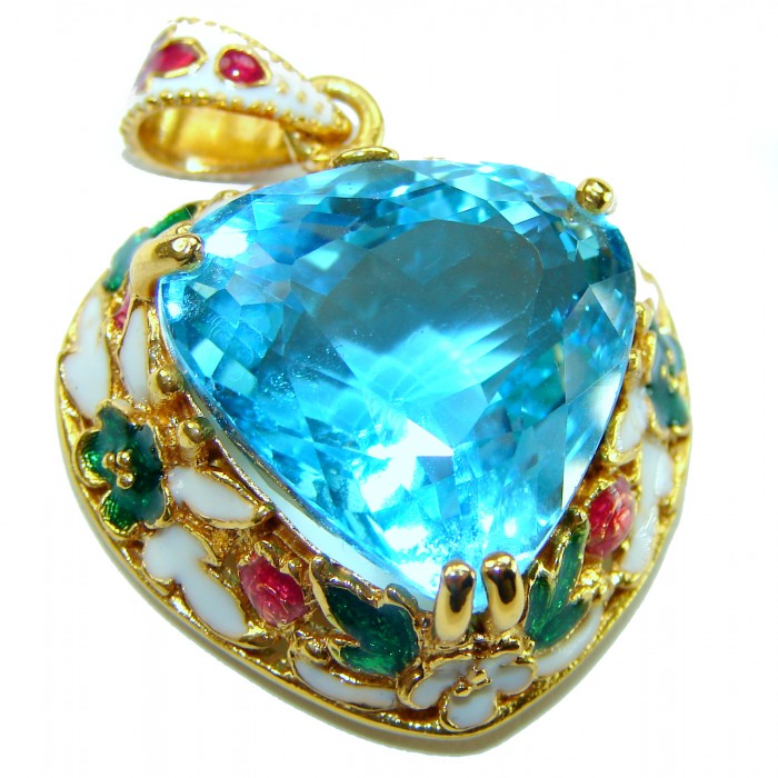 Angel's Heart amazing quality 27.5 CARAT Swiss Blue Topaz enamel .925 Sterling Silver dipped in 18K Gold handmade pendant - photo 5