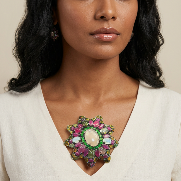Vintage style Beauty genuine Rose Quartz Brazilian Tourmaline .925 Sterling Silver dipped in black rhodum handmade Pendant - Brooch - Woman wearing vintage-style gemstone brooch; frontal close-up view