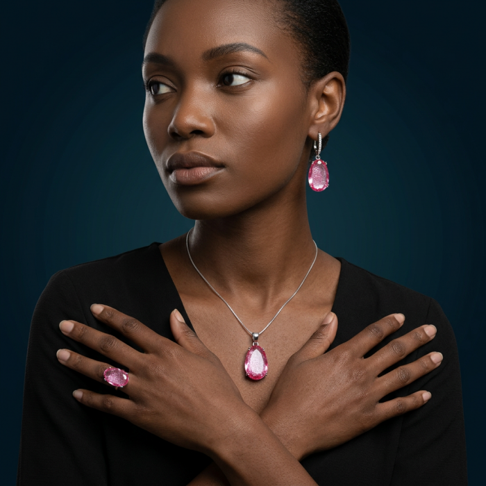 Sweet Raspberry 14.8 carat Pink Tourmaline rhodium over .925 Sterling Silver handcrafted Statement pendant - Model wearing Sweet Raspberry Pink Tourmaline earrings and necklace.