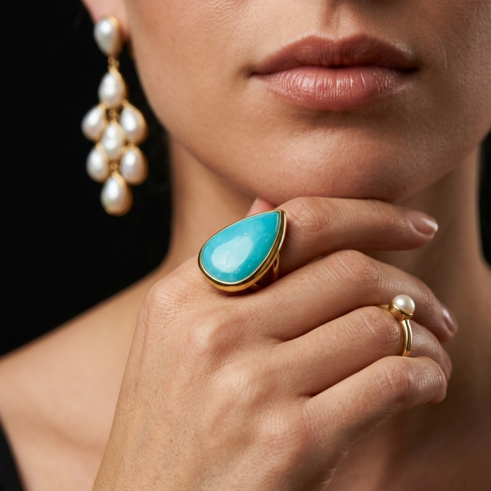 Angel Blue 20.8 carat Aquamarine .925 Sterling Silver dipped in 18K Gold handcrafted Large ring size 7 1/2 - Woman wearing Angel Blue aquamarine ring and pearl earring close-up.