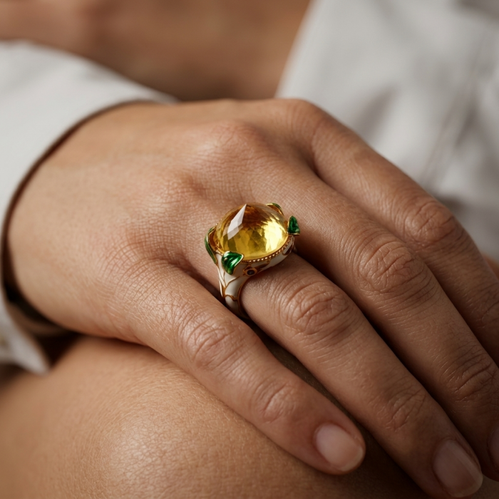 Natural 27.2 carat Brazilian Citrine white enamel .925 Sterling Silver dipped in 22K Gold handmade Statement Ring size 6 1/2 - Citrine ring worn on hand, showcasing stone and enamel details.