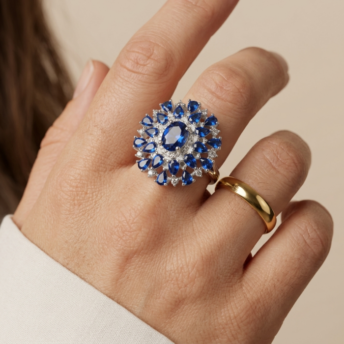 Genuine 10.2 CARAT Sapphire .925 Sterling Silver Large Statement Ring size 7 3/4 - Sapphire ring on hand, showcasing large stone and detailed setting.