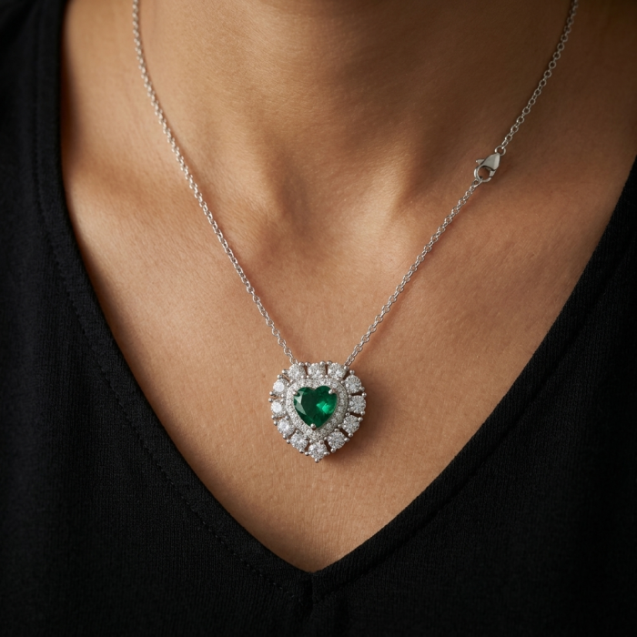 My Heart Natural 3.5 carat Chrome Diopside .925 Silver handcrafted Necklace - Heart-shaped green pendant necklace worn on neck.