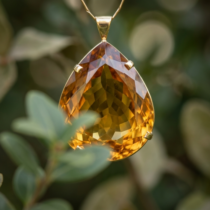 Luxury genuine 53.5 CARAT pear cut Champagne Topaz .925 Sterling Silver dipped in 18K Gold handmade Pendant - Close-up of a 53.5 carat pear cut champagne topaz pendant.