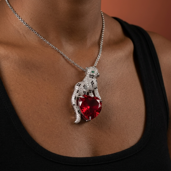 Passionate Love Cheetah authentic 42.5 carat Ruby .925 Sterling Silver Handcrafted pendant brooch - Cheetah necklace with ruby pendant worn on neck, front view.