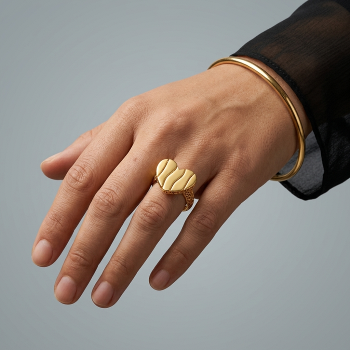 Dubai Style - Golden Heart .925 Sterling Silver dipped in 22K Gold handmade ring size 8 - Worn on hand, "Dubai Style" golden heart ring and bracelet displayed.