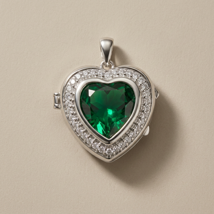 Secret compartment Authentic 18.5 carat Green Helenite .925 Sterling Silver Pendant - Heart-shaped green Helenite pendant with diamond border, front view.