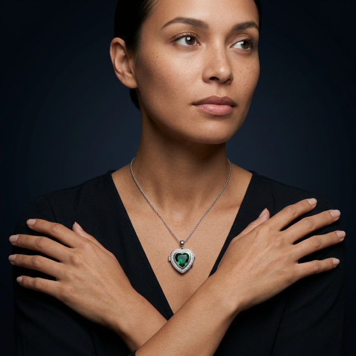 Secret compartment Authentic 18.5 carat Green Helenite .925 Sterling Silver Pendant - Woman wearing necklace with heart-shaped green helenite pendant.